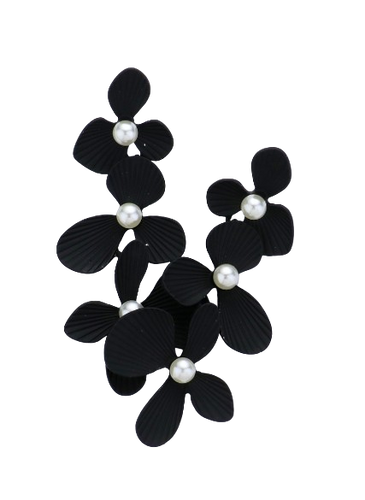 Black Triple Flower & Pearl Earrings
