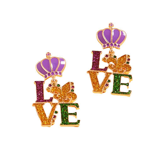 Glittered Mardi Gras Love Earrings