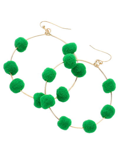 Green Pom Pom Circle Earrings