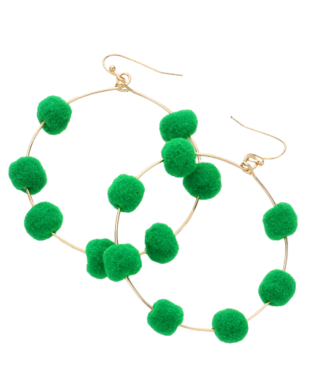 Green Pom Pom Circle Earrings