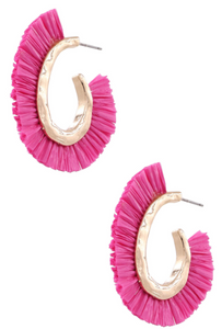 Hot Pink Raffia Fringe Earring