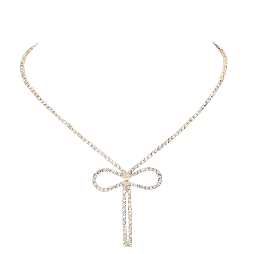 Gold Rhinestone Bow Necklace