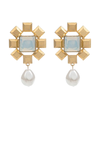Gold & Opal Glass Square Earrings