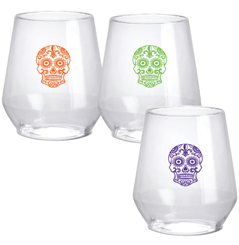 Set of 3 Sugar Skull Stemless Wine