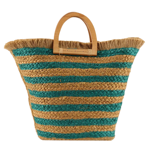 Turquoise Striped Wood Handle Bag/Tote